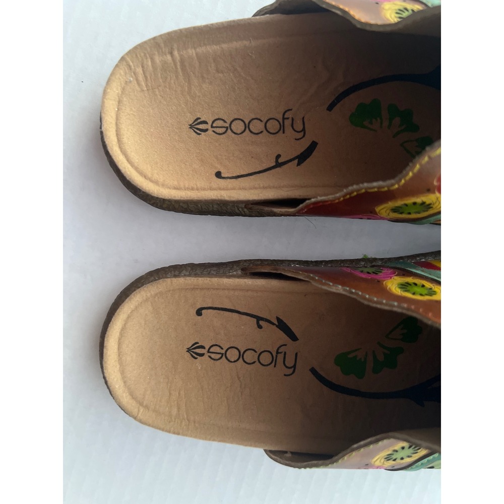 Socofy Womens Leather Mules Bohemian Floral Slip On Clogs Multi Color Size 37‎ - Picture 6 of 8